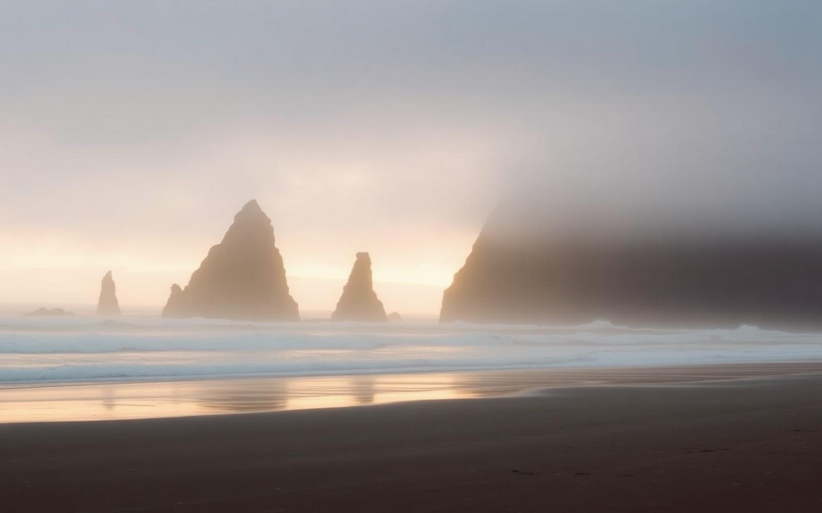 Basalt sea stacks rising from a misty Pacific at golden hour